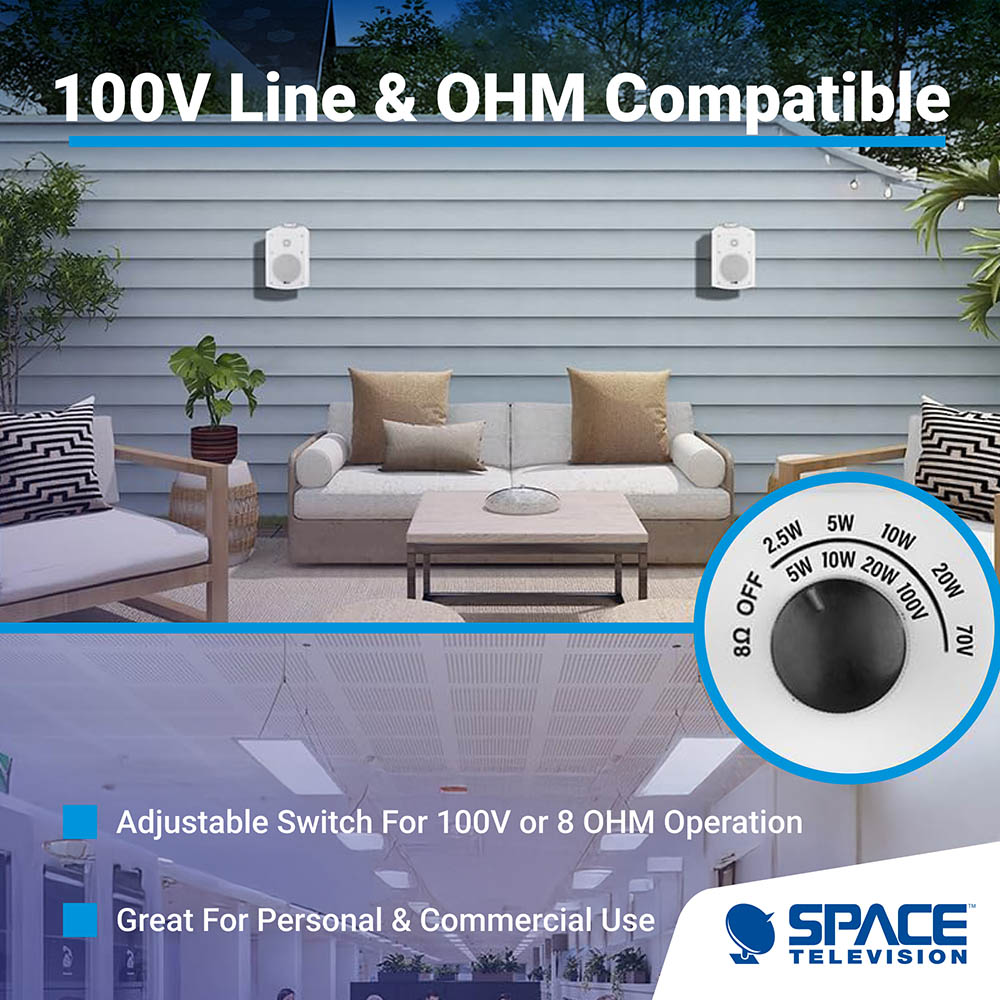 Space Audio Indoor Outdoor 8 Ohm 100V Speakers White Pair - Image 6