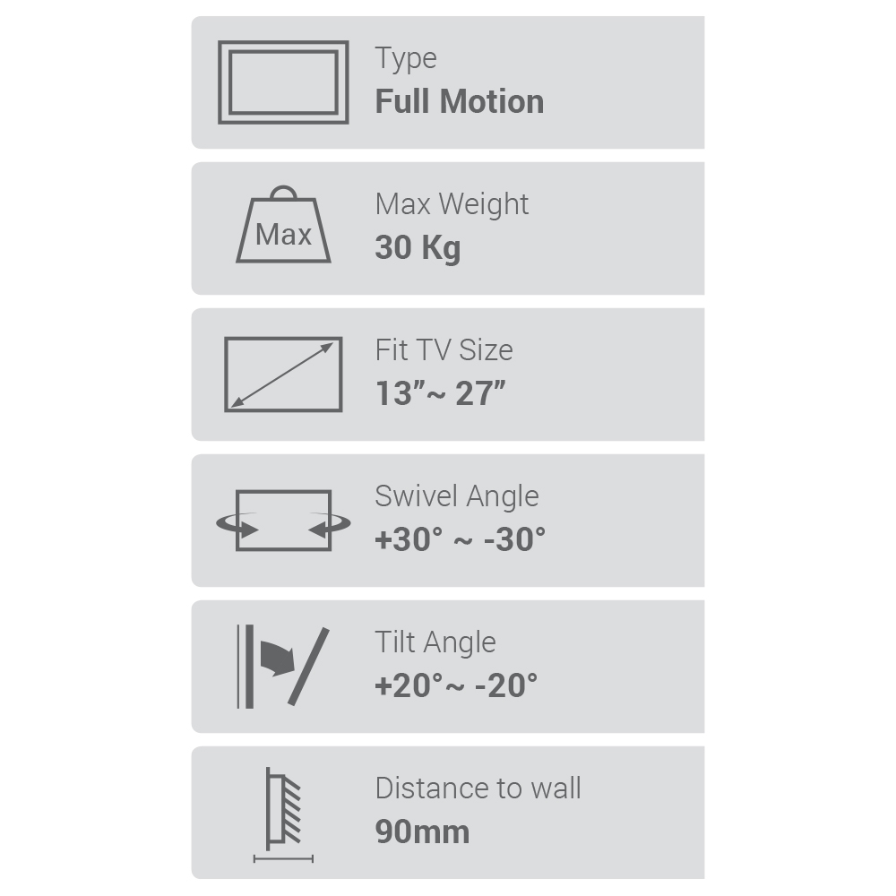 Flat Screen Wall Mount - Full Motion 13"-27" 30kg - Image 4