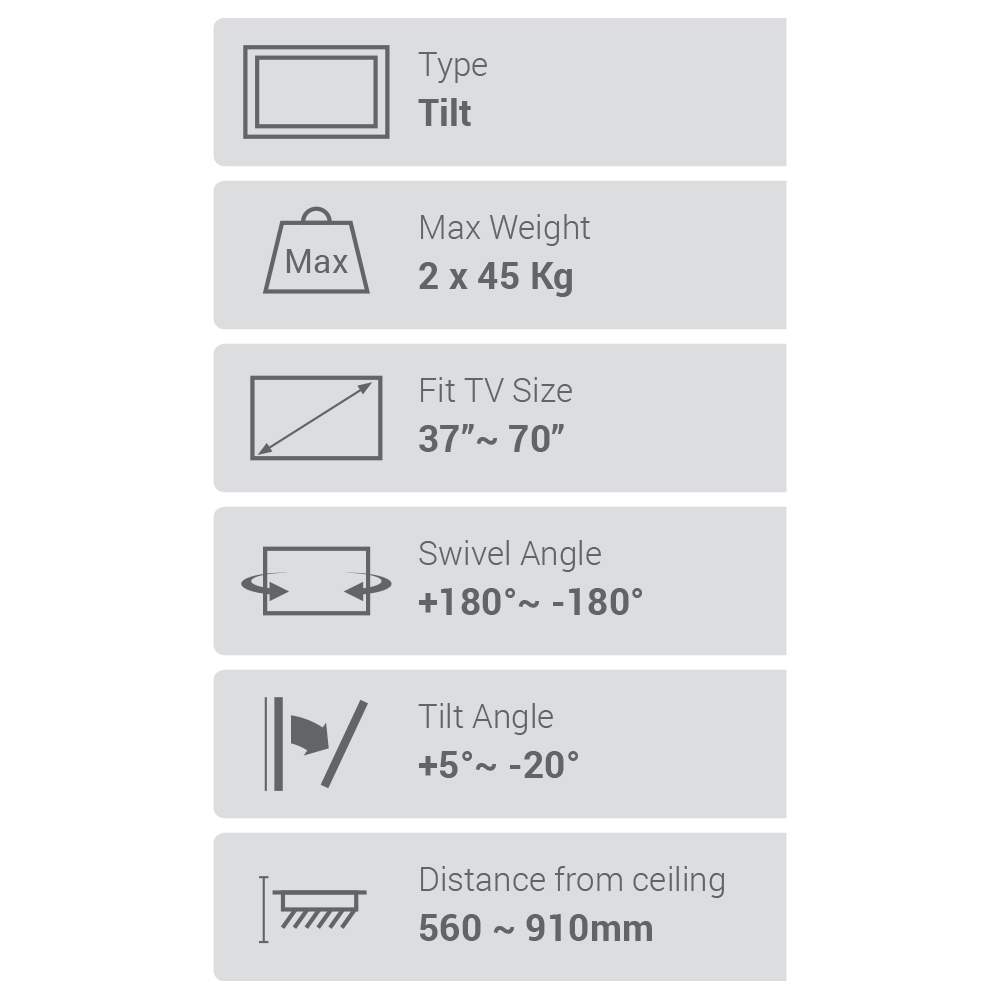 Dual Flat Screen Ceiling Mount - Tilt & Rotate 37"-70" 2x45kg - Image 4