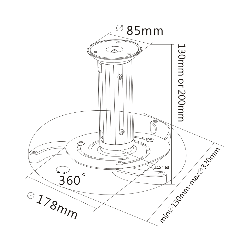 Projector Bracket Ceiling Mount - Height Adjustable 360° 10kg - Image 3