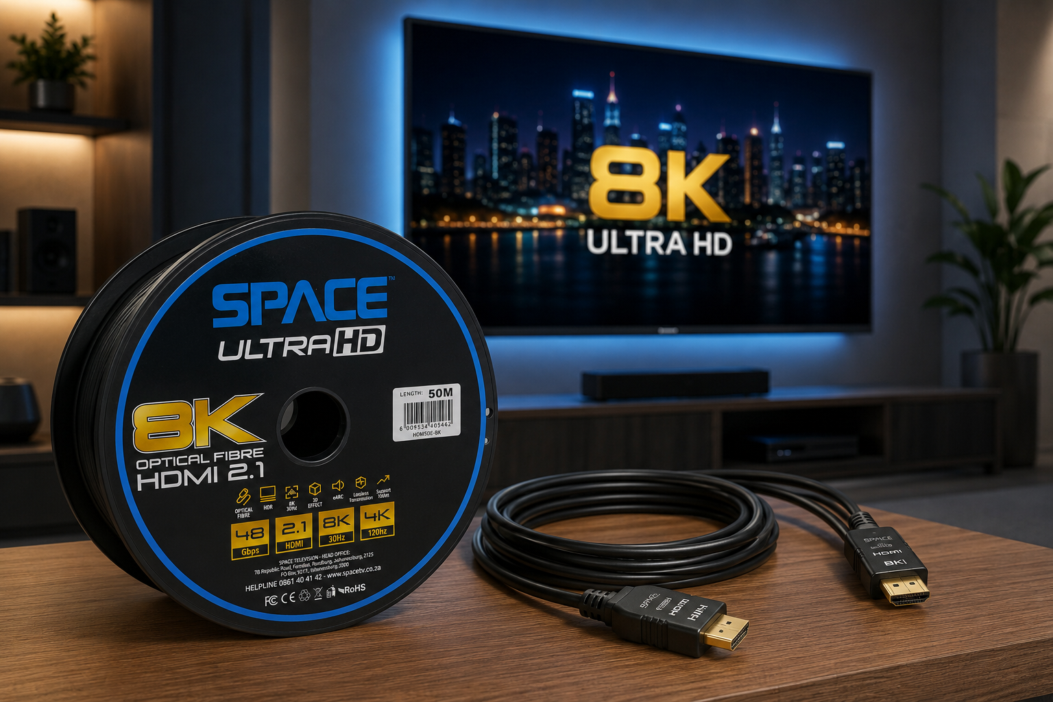 8K HDMI Active Optical Fibre Cable ver2.1 48GBps - 50m reel - Image 2