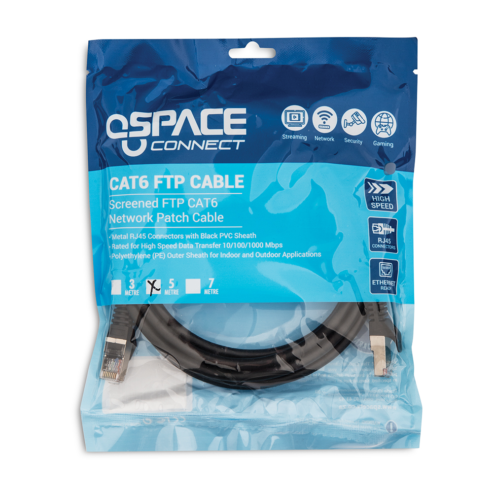 SPACE CONNECT 5M SHIELDED U/V PROTECTED CAT6 FTP NETWORK PATCH CABLE- 5 METERS-BLACK/PE - Image 2