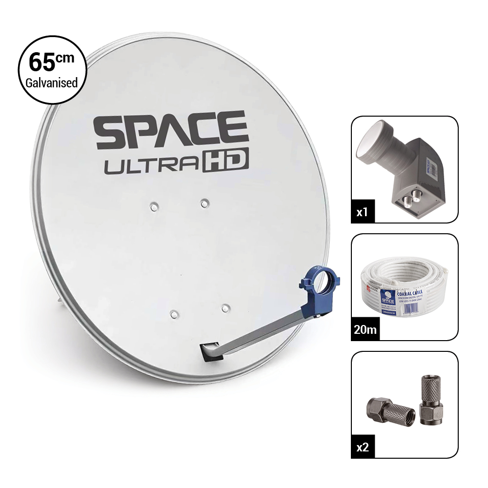 Space UltraHD 65cm Galvanised Steel Dish with Universal Twin LNB, Cable & F-connectors
