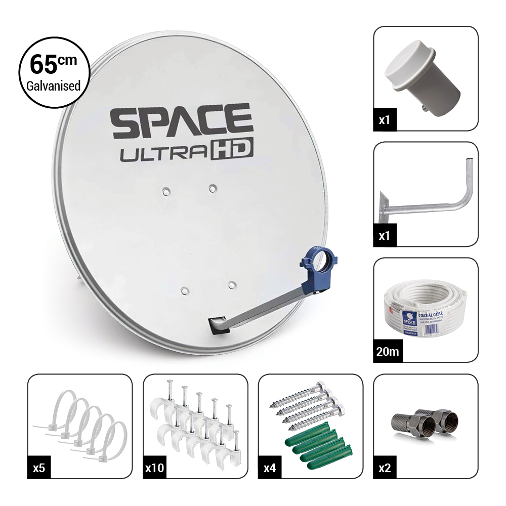 Space UltraHD 65cm Galvanised Steel Dish Kit with Single KU Band LNB & Accessories – DK65-DIY-ECO