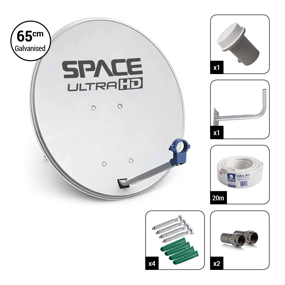 Space UltraHD 65cm Galvanised Steel Dish Kit with Single KU Band LNB & Accessories – DK65-MCV-PE